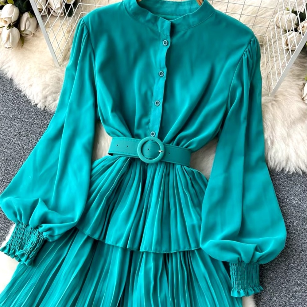 Vintage Women Ruffle Party Long Dress Spring Autumn Elegant Stand Collar Lantern
